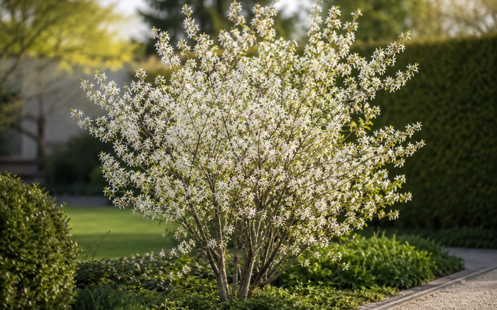 Kupfer-Felsenbirne mit weißen Frühlingsblüten neben einem Gartenweg.