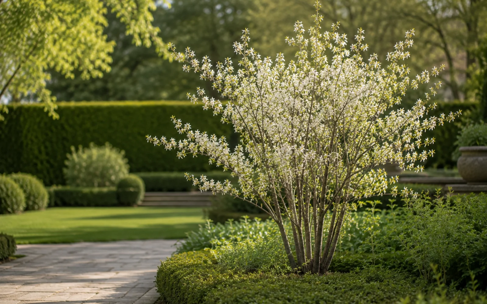 Ausgewachsene Kupfer-Felsenbirne mit ausladender weißer Blüte über einem gestalteten Garten.