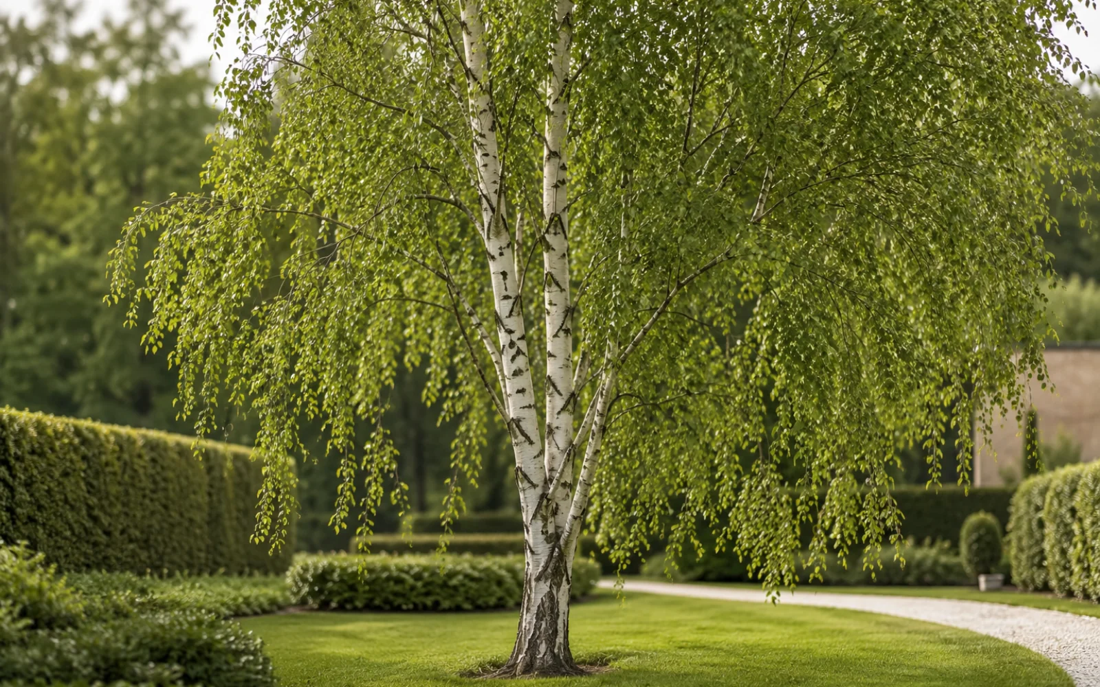 Hänge-Birke mit heller Rinde und leichter offener Krone in einem gestalteten Garten.
