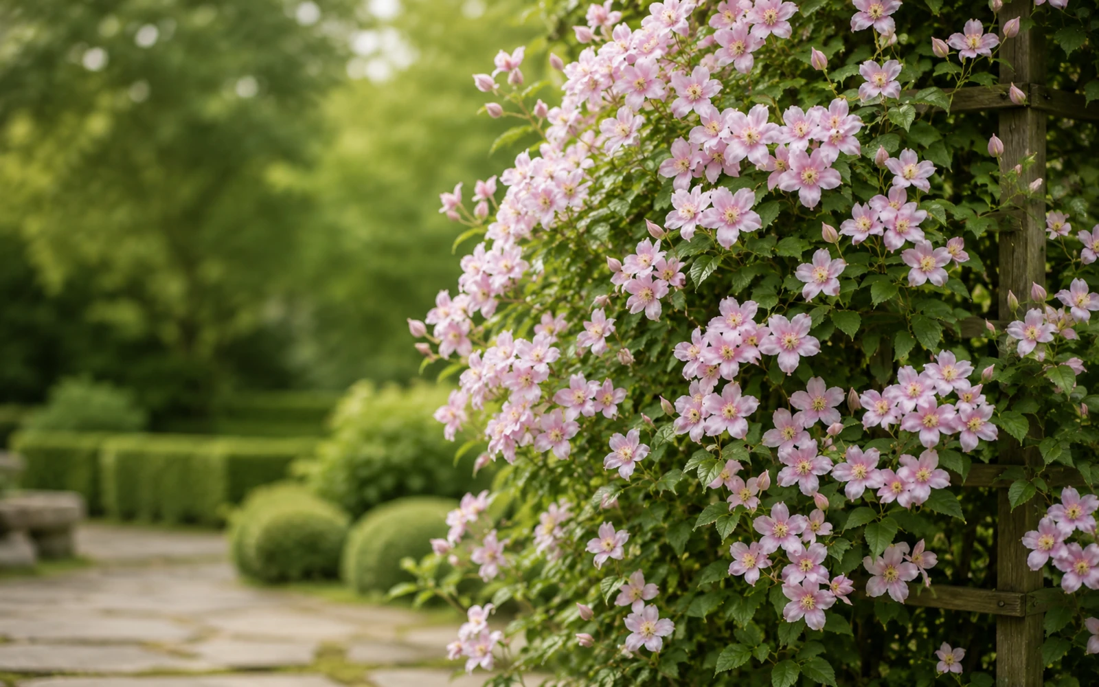 Clématite des montagnes en fleurs s’étendant sur un grand support de jardin.