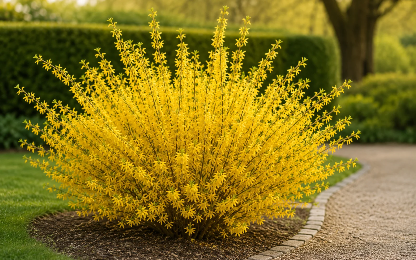 Hybrid-Forsythie mit leuchtend gelben Blüten neben einem Gartenweg im zeitigen Frühjahr.