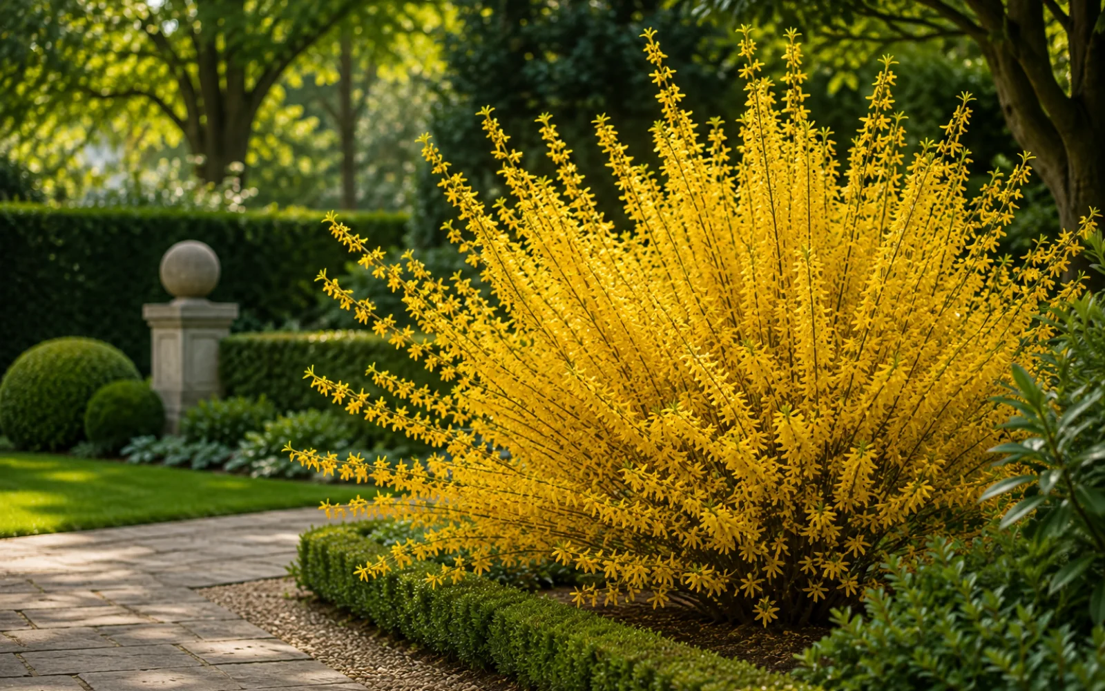 Ausgewachsene Hybrid-Forsythie als breite gelb blühende Masse am Rand eines Gartens.