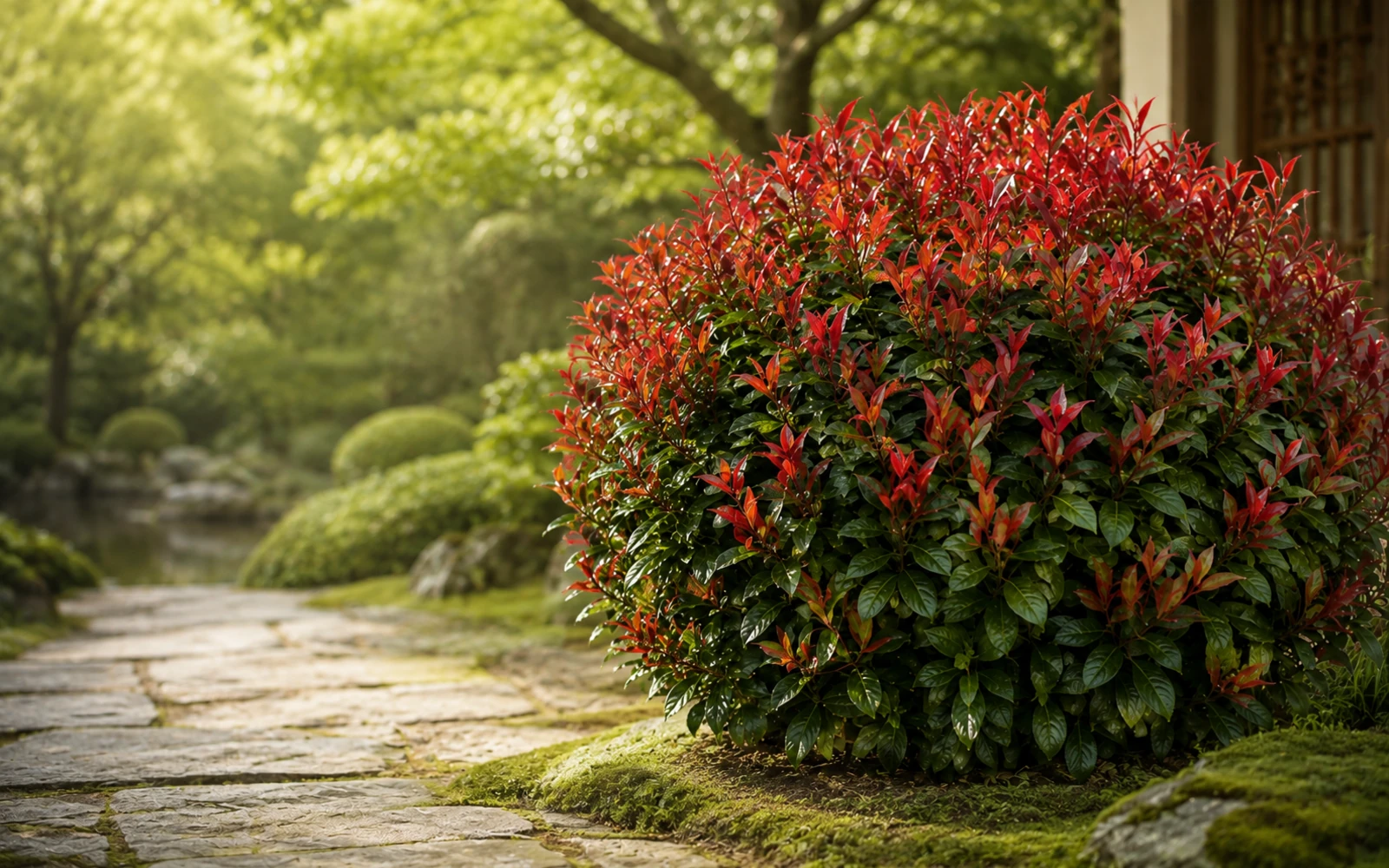 Ein rundlich gewachsener Glanzmispel-Strauch 'Red Robin' an einem steinernen Gartenweg.