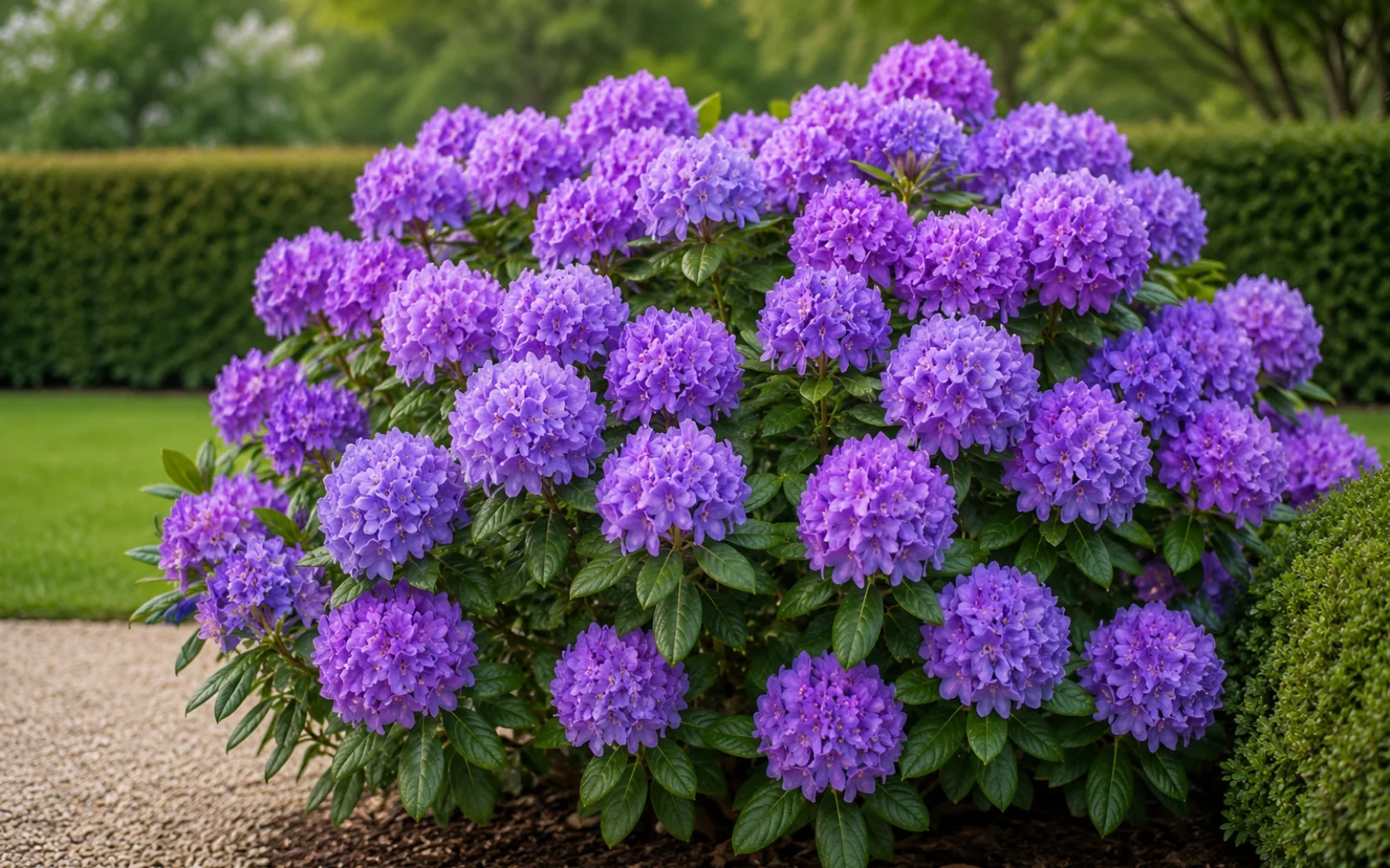 Catawba-Rhododendron mit violetten Blütenständen in einem geschützten Waldgarten.