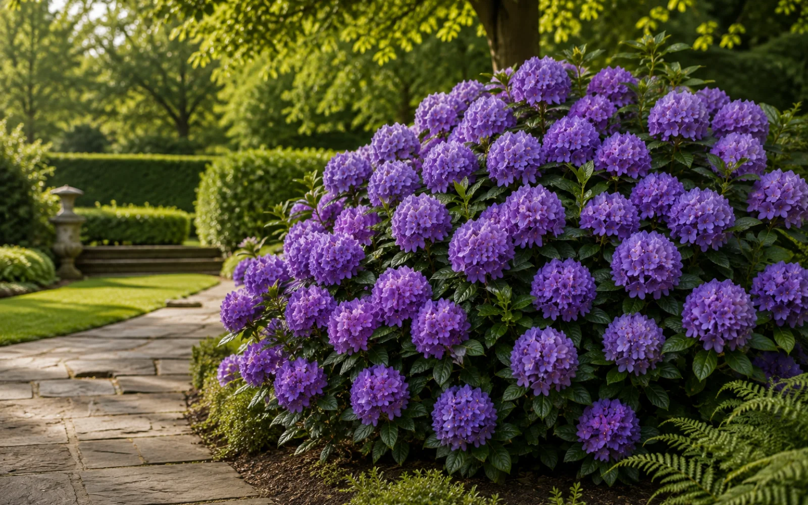Grand rhododendron de Catawba persistant en fleurs près d’une allée ombragée.