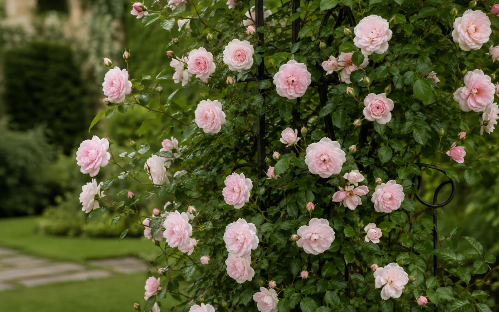 Zartrosa Kletterrose 'New Dawn' an einer stabilen Rankhilfe neben einem Gartenweg.