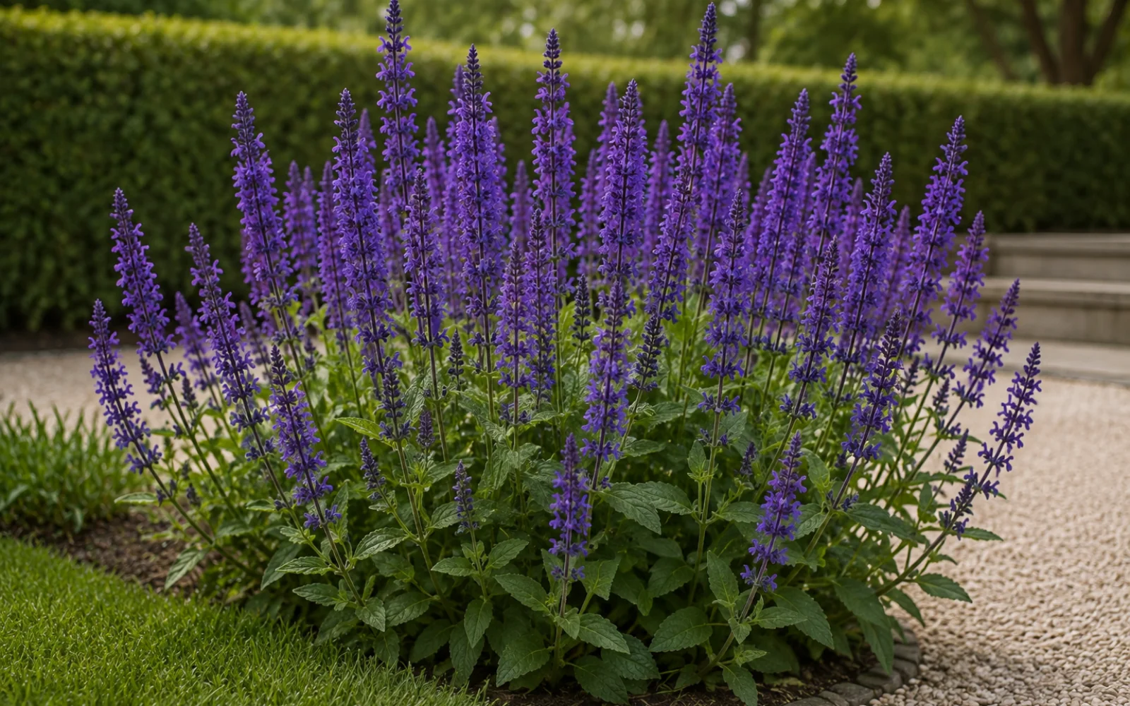 Steppen-Salbei mit aufrechten violetten Blütenähren in einem sonnigen Staudenbeet.