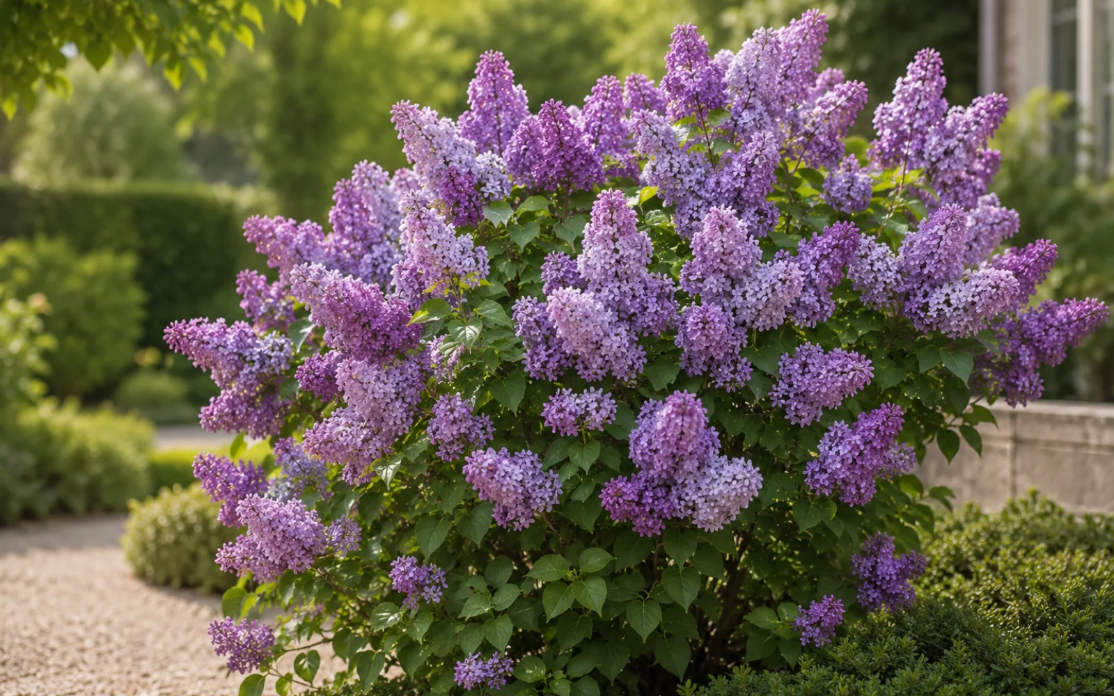 Gewöhnlicher Flieder mit zahlreichen violetten Blütenrispen in einem gestalteten Garten.