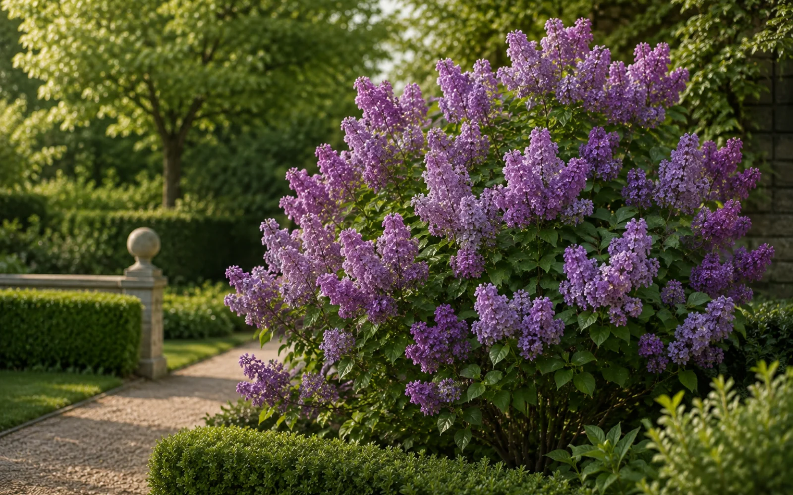 Ausgewachsener Gewöhnlicher Flieder in Blüte neben einem Weg im Frühlingsgarten.