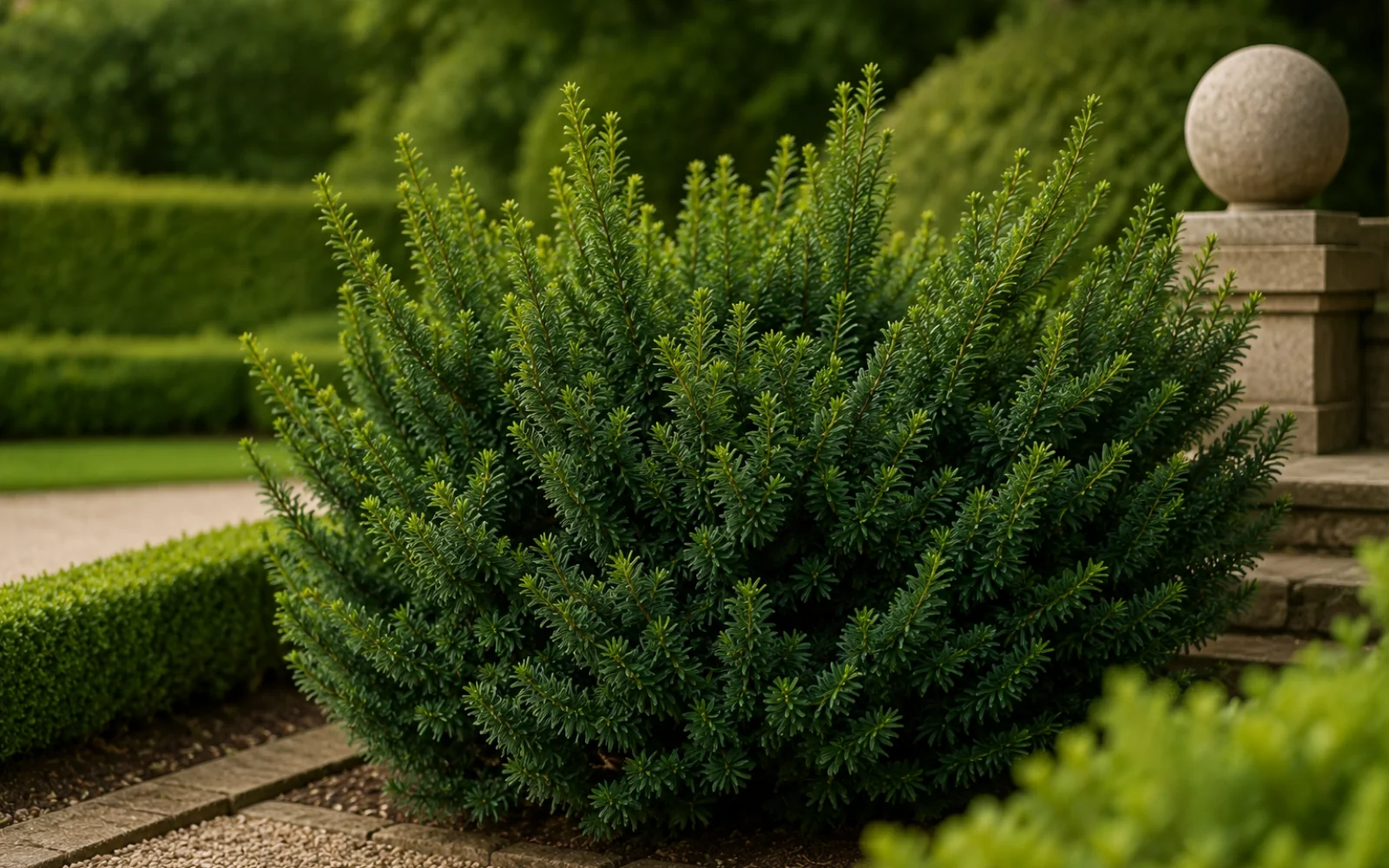 Dichte Gemeine Eibe mit dunklem immergrünem Laub in einem formalen Garten.