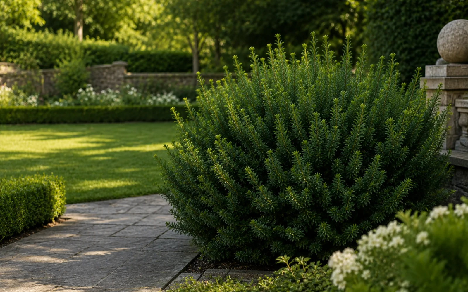 Gemeine Eibe als dichte immergrüne Struktur neben geschnittenen Gartenpflanzungen.