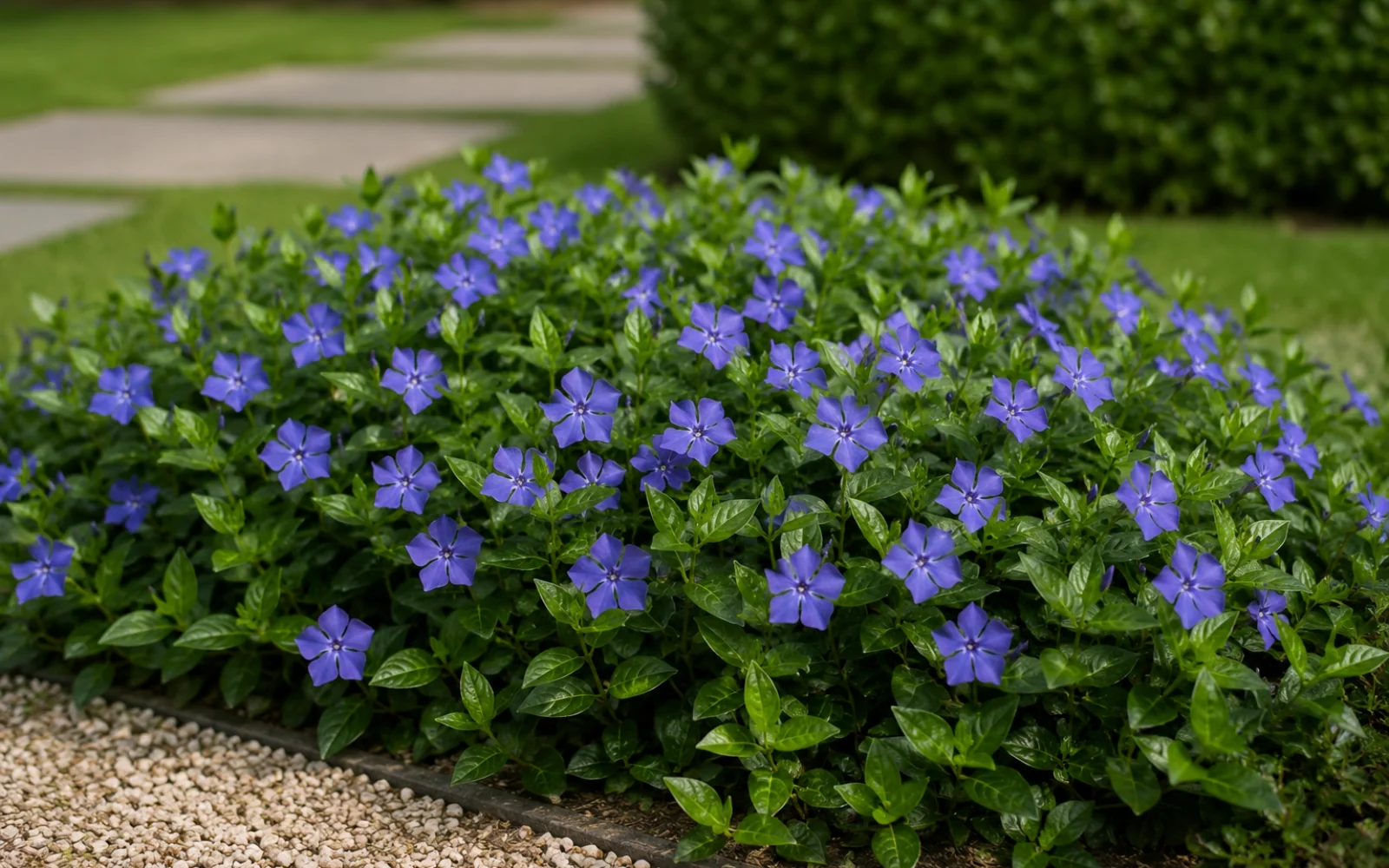 Kleines Immergrün als immergrüner Bodendecker mit blauvioletten Frühlingsblüten.